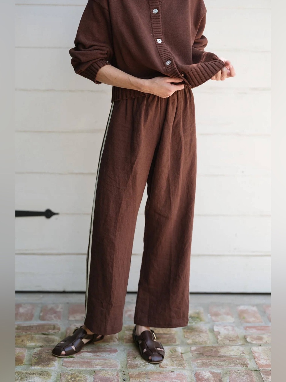 DONNI. Linen Crop Stripe Pant in Walnut Brown